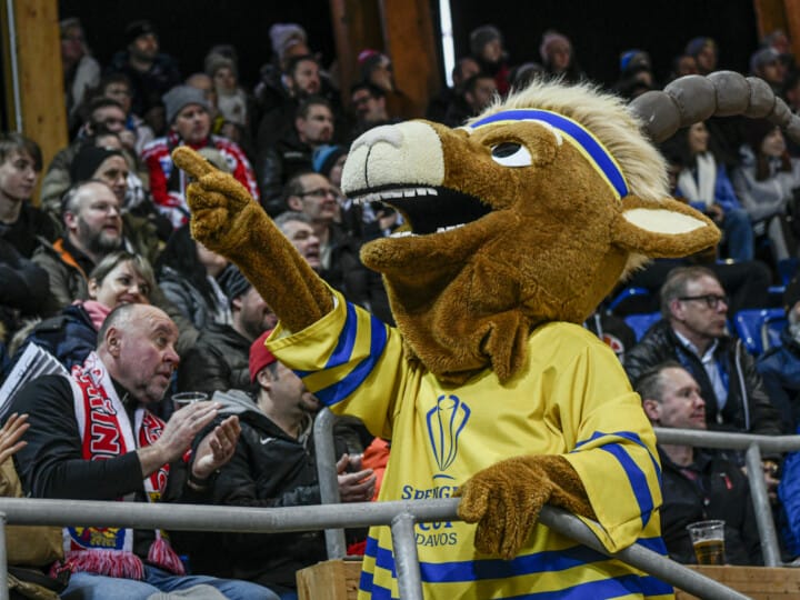 Mascotte Hitsch during the final game between Team Canada and HC Ocelari Trinec at the 93th Spengler Cup ice hockey tournament in Davos, Switzerland, Tuesday, December 31, 2019. (KEYSTONE/Melanie Duchene)