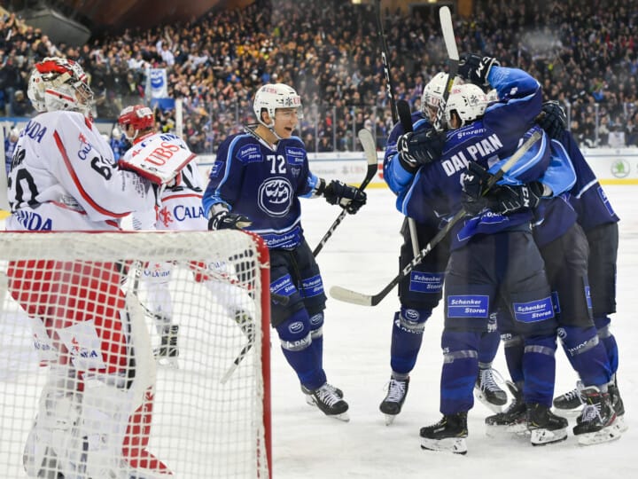 Ambri celebrates the score to 1-0 by Giacomo Dal Pian, during the game between HC Ambri-Piotta and HC Ocelari Trinec at the 93th Spengler Cup ice hockey tournament in Davos, Switzerland, Monday, December 30, 2019. (KEYSTONE/Gian Ehrenzeller)